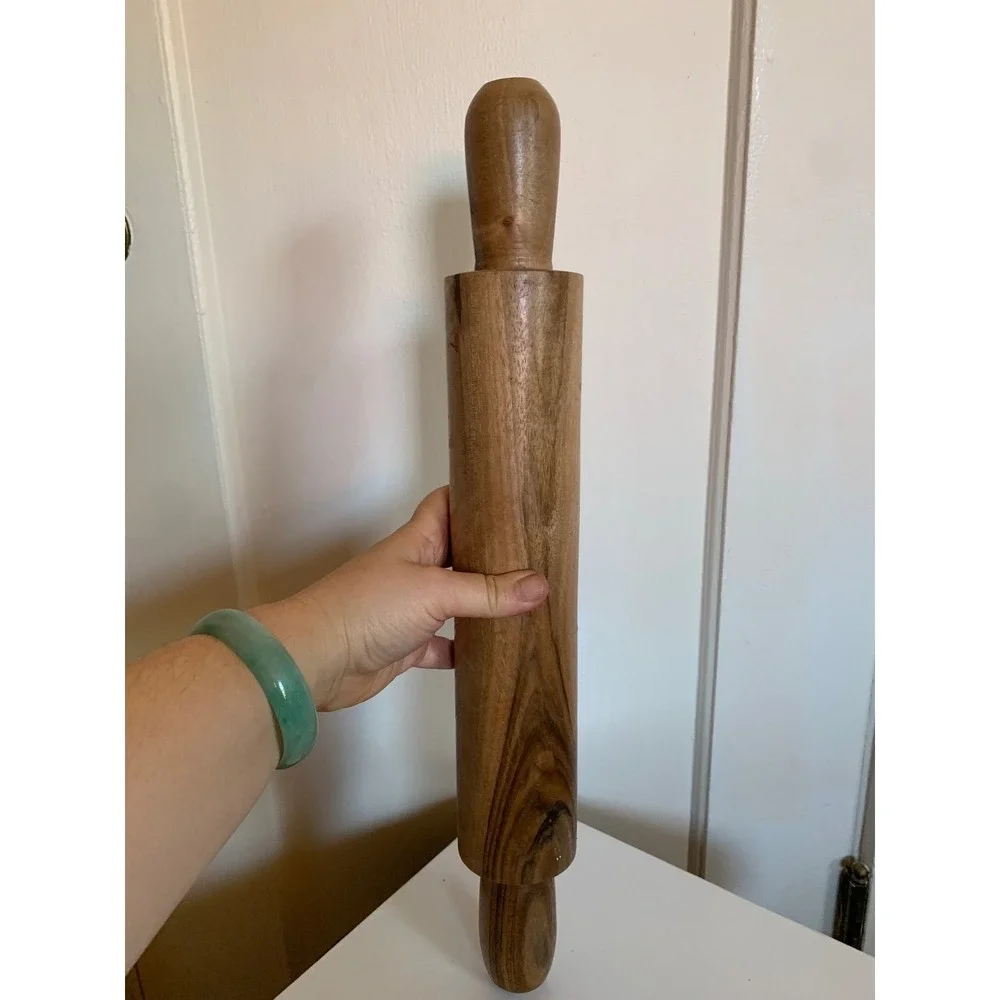 Vintage Solid Wood Rolling Pin with Handles Natural Grain Brown Kitchenware